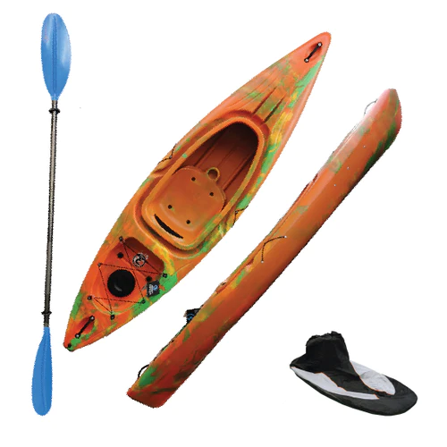 ORANGE/GREEN/YELLOW sit in kayak package including spray deck seat and paddle available in walton peterborough